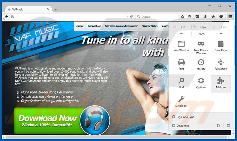 Removing VAFMusic ads from Mozilla Firefox step 1