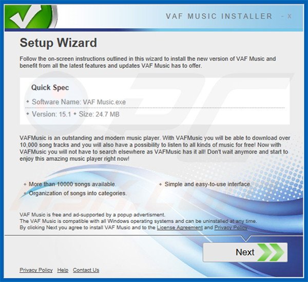 Official VAFMusic adware installation setup