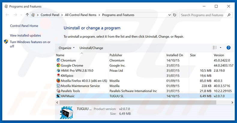 VAFMusic adware uninstall via Control Panel