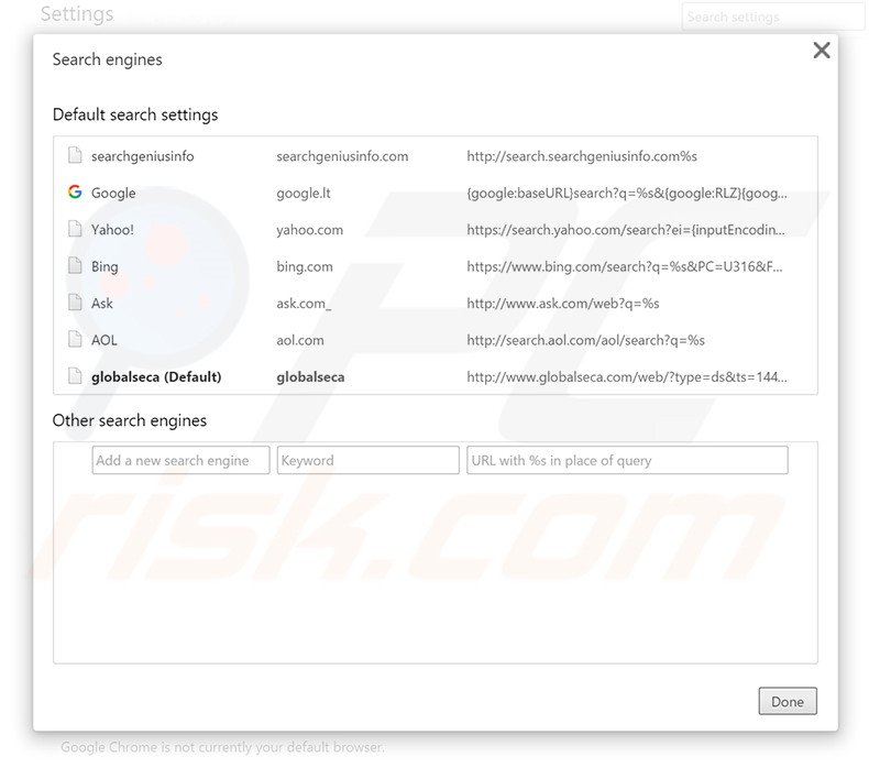 Removing globalseca.com from Google Chrome default search engine