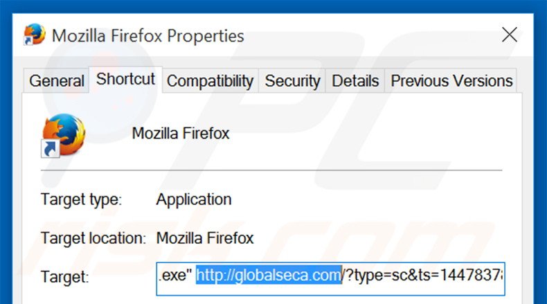 Removing globalseca.com from Mozilla Firefox shortcut target step 2