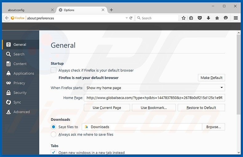 Removing globalseca.com from Mozilla Firefox homepage