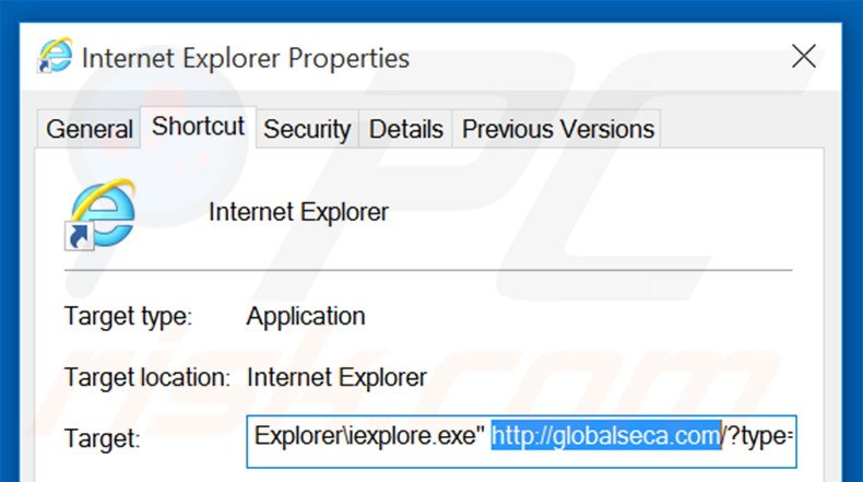 Removing globalseca.com from Internet Explorer shortcut target step 2