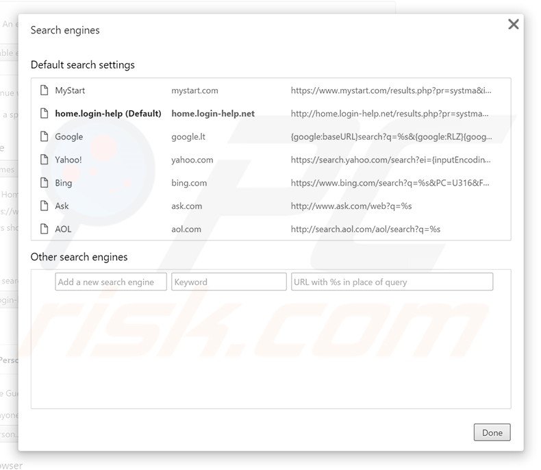 Removing home.login-help.net from Google Chrome default search engine