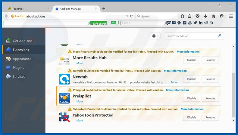 Removing Preispilot ads from Mozilla Firefox step 2