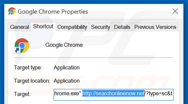 Removing searchonlinenow.net from Google Chrome shortcut target step 2