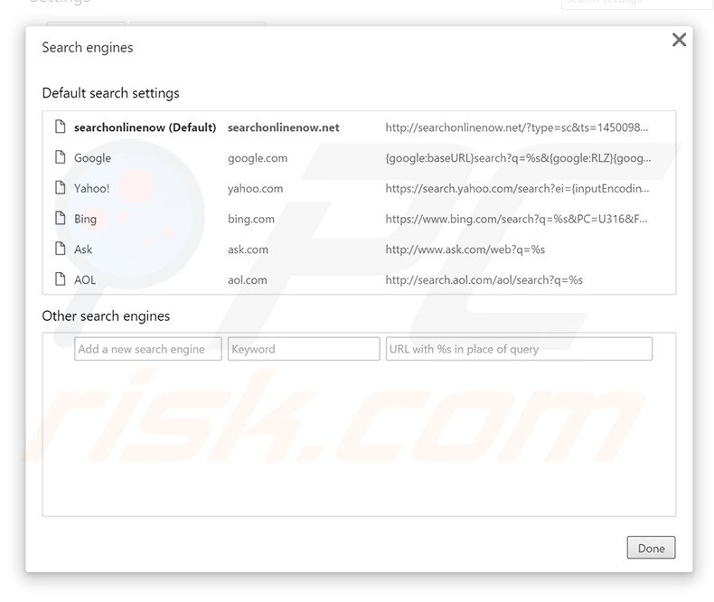 Removing searchonlinenow.net from Google Chrome default search engine