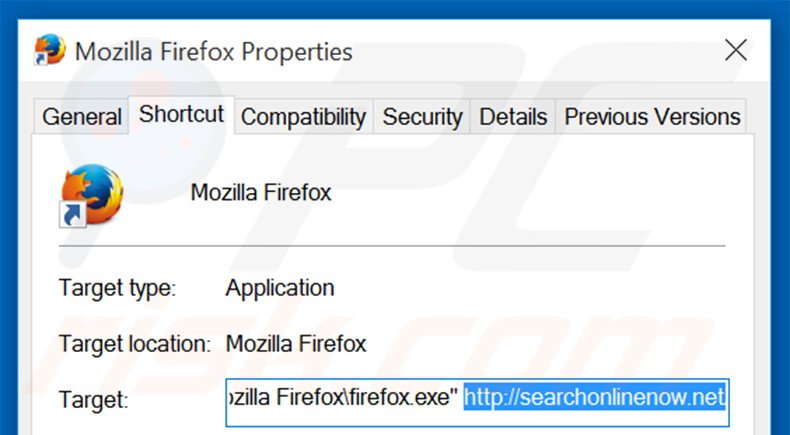 Removing searchonlinenow.net from Mozilla Firefox shortcut target step 2