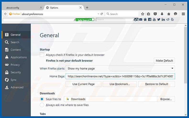 Removing searchonlinenow.net from Mozilla Firefox homepage