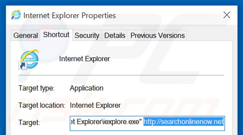 Removing searchonlinenow.net from Internet Explorer shortcut target step 2