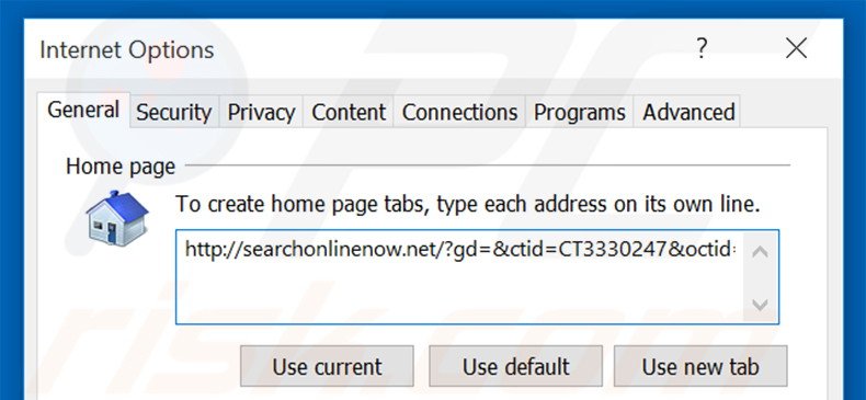 Removing searchonlinenow.net from Internet Explorer homepage