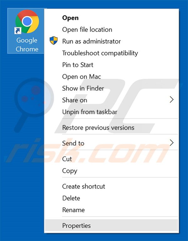 Removing usearch.co.id from Google Chrome shortcut target step 1