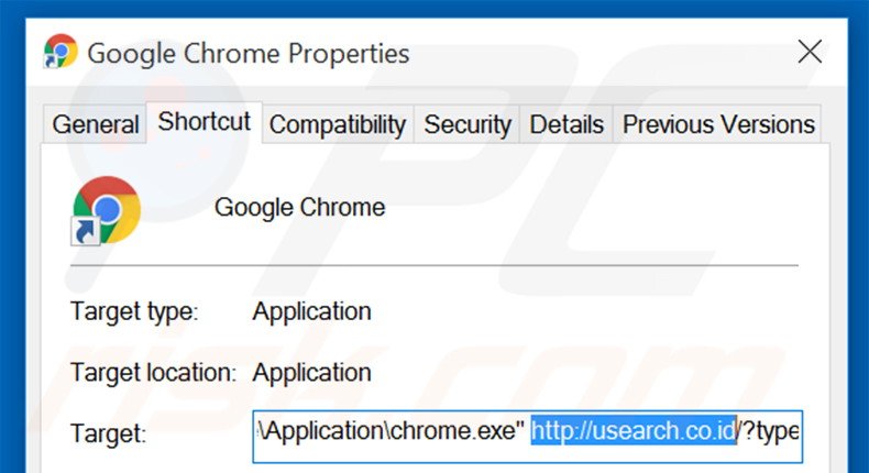 Removing usearch.co.id from Google Chrome shortcut target step 2