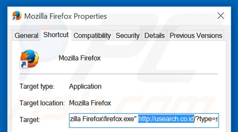 Removing usearch.co.id from Mozilla Firefox shortcut target step 2