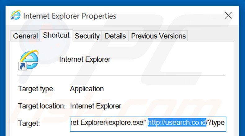 Removing usearch.co.id from Internet Explorer shortcut target step 2