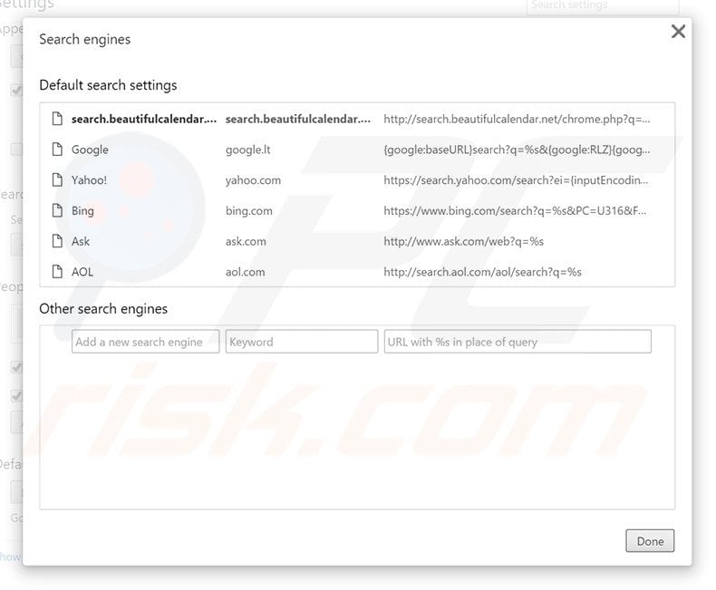 Removing search.beautifulcalendar.net from Google Chrome default search engine