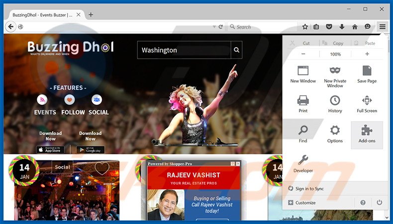 Removing BuzzingDhol ads from Mozilla Firefox step 1