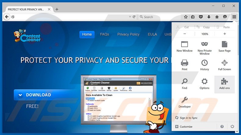 Removing Content Cleaner ads from Mozilla Firefox step 1