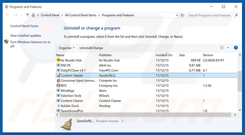 Content Cleaner adware uninstall via Control Panel