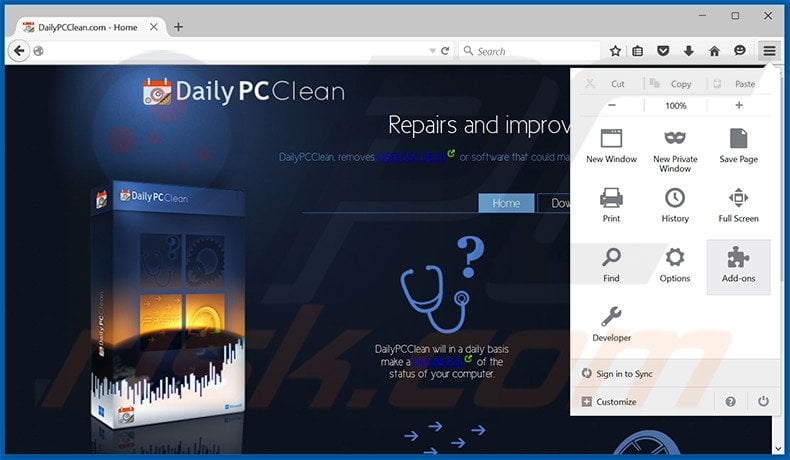 Removing DailyPCClean ads from Mozilla Firefox step 1