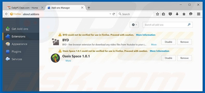 Removing DailyPCClean ads from Mozilla Firefox step 2