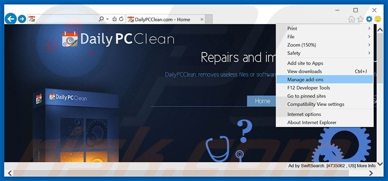 Removing DailyPCClean ads from Internet Explorer step 1