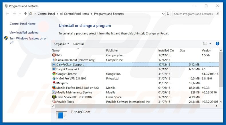 DailyPCClean adware uninstall via Control Panel