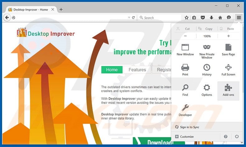 Removing Desktop Improver ads from Mozilla Firefox step 1