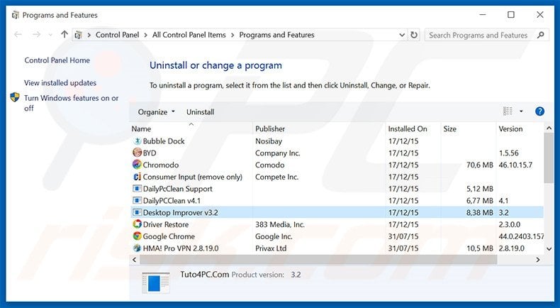 Desktop Improver adware uninstall via Control Panel