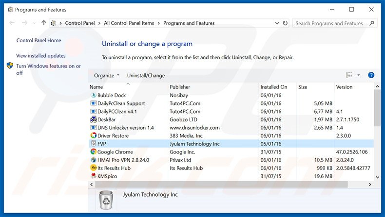 search.fvpimageviewer.com browser hijacker uninstall via Control Panel