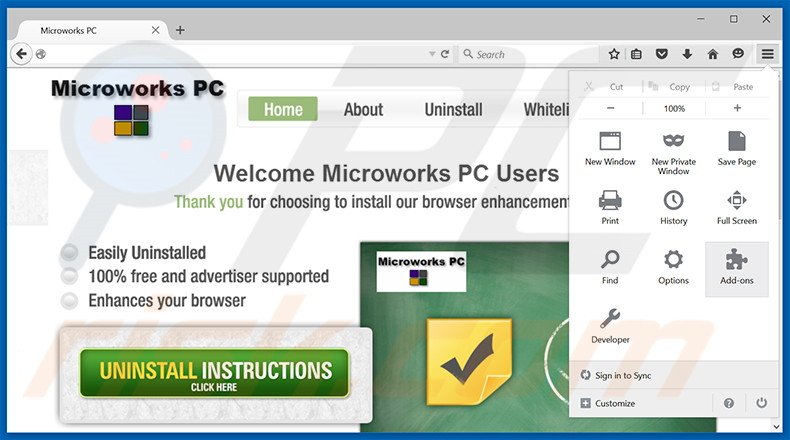 Removing Microworks PC ads from Mozilla Firefox step 1