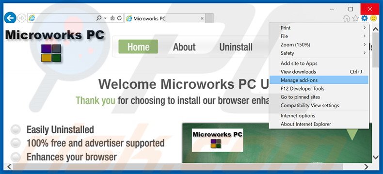 Removing Microworks PC ads from Internet Explorer step 1