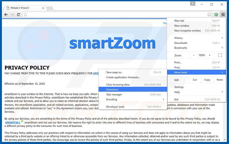 Removing smartZoom  ads from Google Chrome step 1