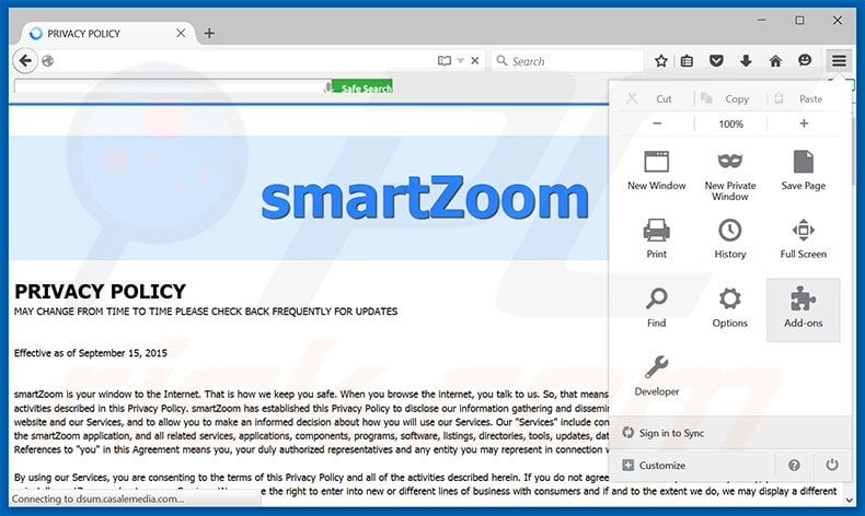 Removing smartZoom ads from Mozilla Firefox step 1