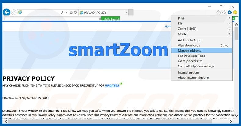 Removing smartZoom ads from Internet Explorer step 1