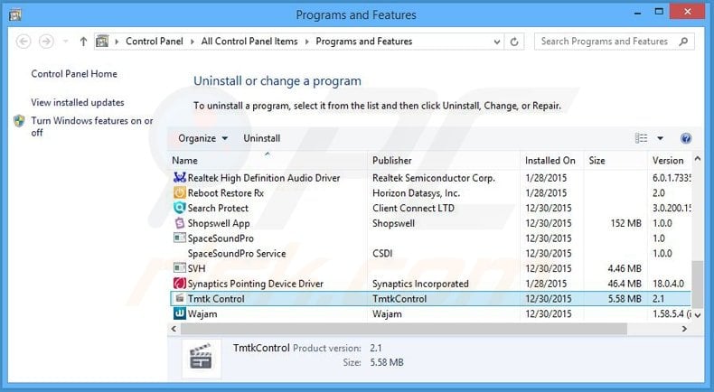 tmtk control adware uninstall via Control Panel