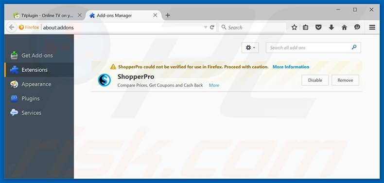 Removing Tv-Plug-In ads from Mozilla Firefox step 2