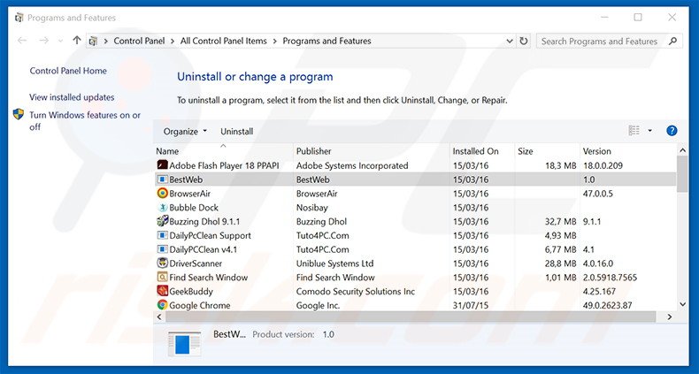 BestWeb adware uninstall via Control Panel