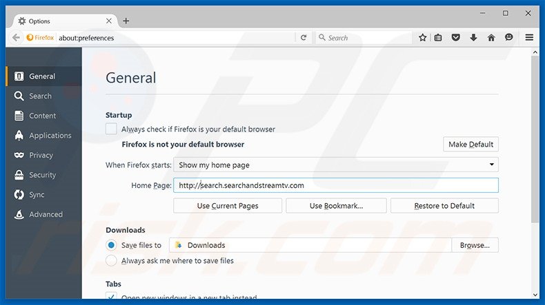 Removing search.searchandstreamtv.com from Mozilla Firefox homepage