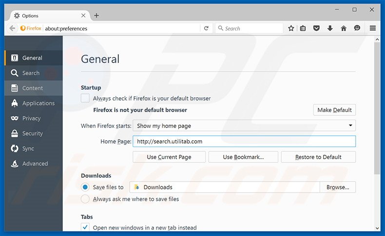 Removing search.utilitab.com from Mozilla Firefox homepage