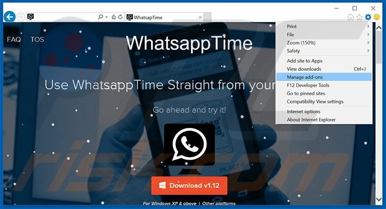 Removing whatsappTime ads from Internet Explorer step 1