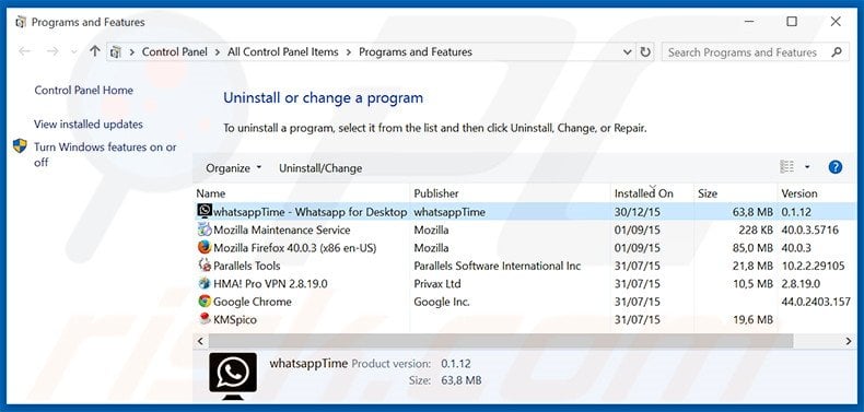 whatsappTime adware uninstall via Control Panel