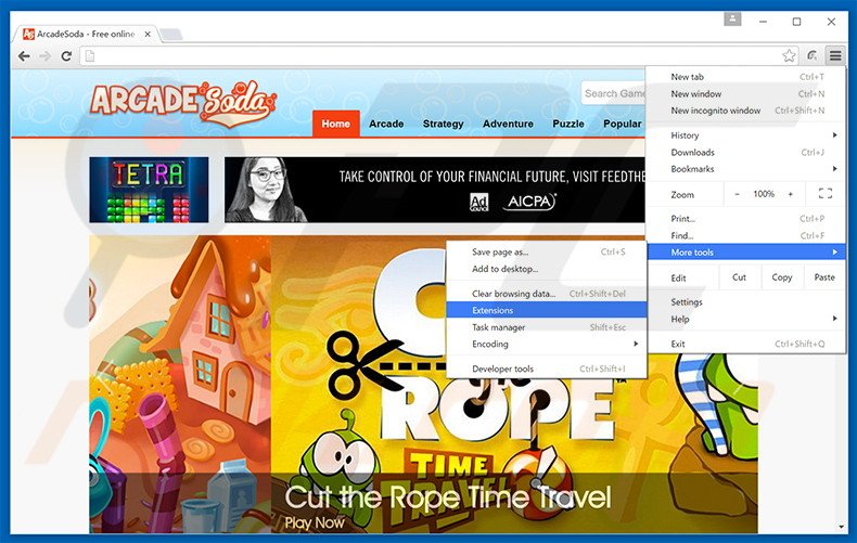 Removing ArcadeSoda  ads from Google Chrome step 1