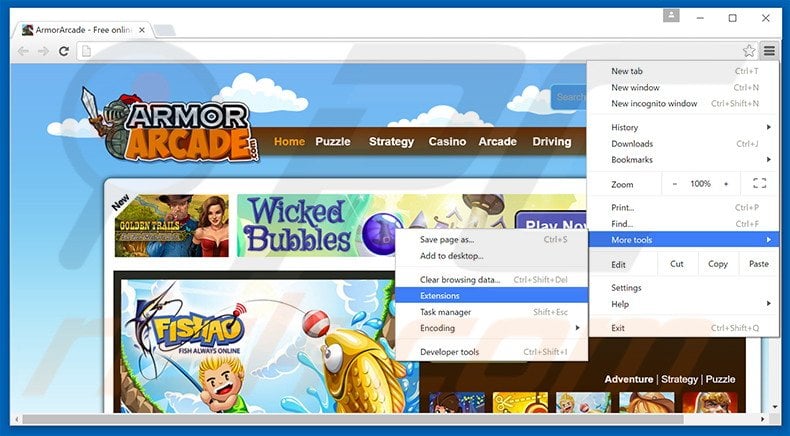 Removing ArmorArcade  ads from Google Chrome step 1