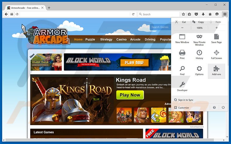 Removing ArmorArcade ads from Mozilla Firefox step 1