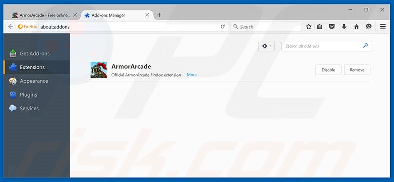 Removing ArmorArcade ads from Mozilla Firefox step 2