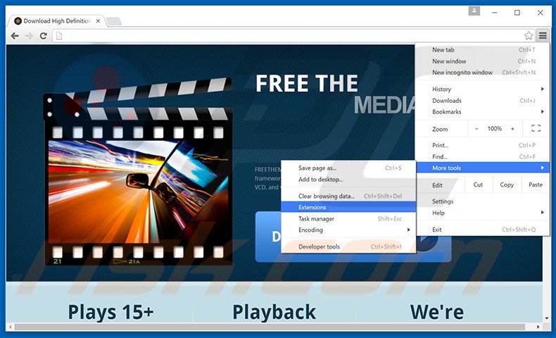 Removing FREETHEMEDIA Player  ads from Google Chrome step 1