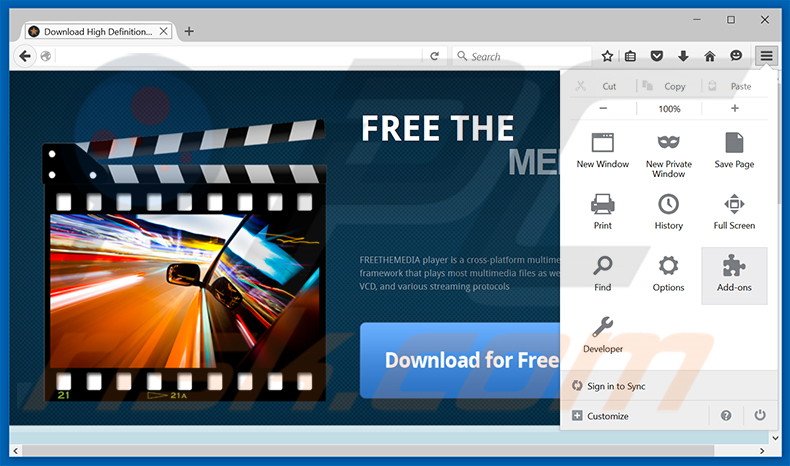 Removing FREETHEMEDIA Player ads from Mozilla Firefox step 1