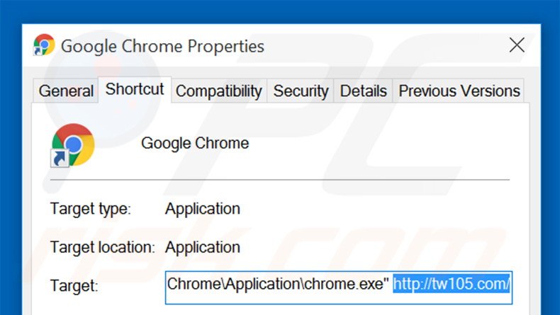 Removing tw105.com from Google Chrome shortcut target step 2