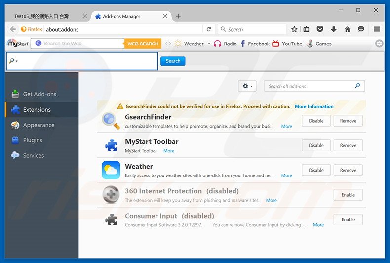 Removing tw105.com related Mozilla Firefox extensions